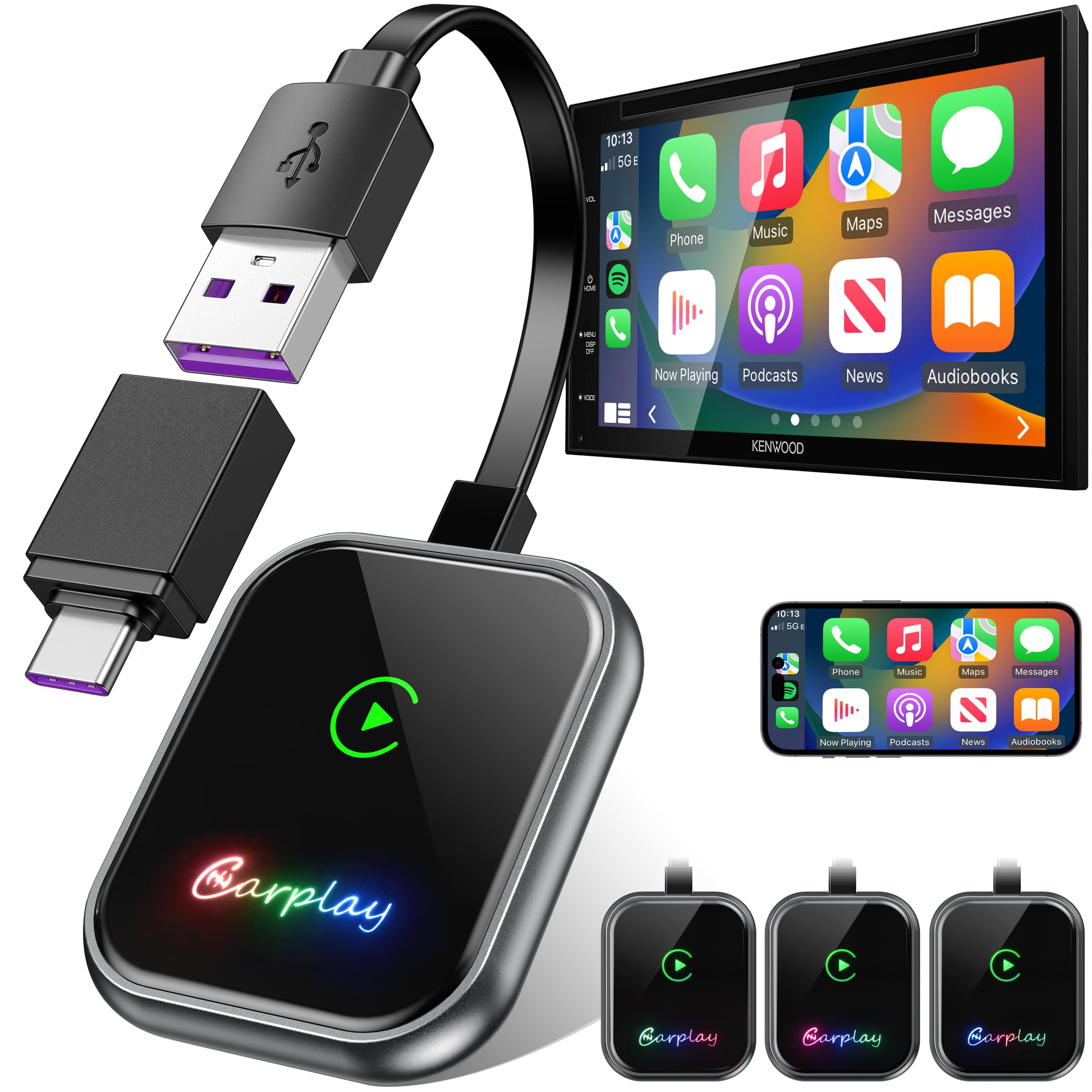 Wireless Carplay Adapter for Apple, 2025 Wired to Wireless Bluetooth Carplay Adapter,for Magic Link Box Car Play Dongle for iOS10+ for Car Model 2016+, Support USB and Type-C Interface